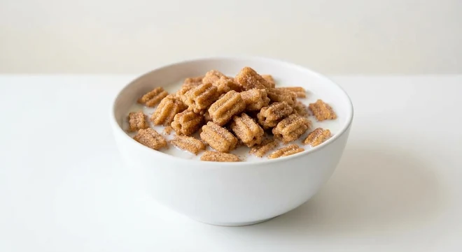 Asda Cinnamon Churros Crunch, cinnamon sugar churro-shaped cereal pieces in a white bowl with milk, nutrition and calories