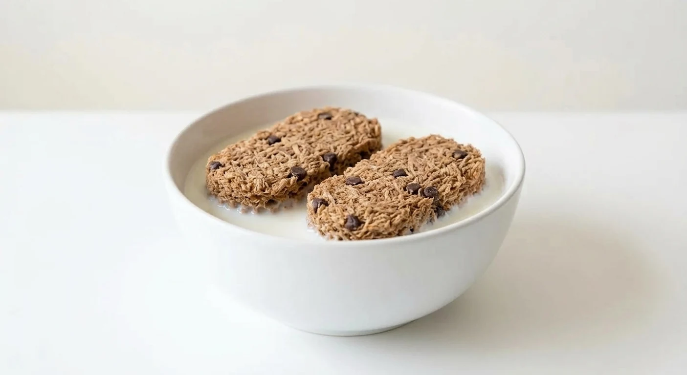 Asda Chocolate Wheat Bisks, two wholegrain wheat biscuits with chocolate chips in a white bowl with milk, nutrition and calories