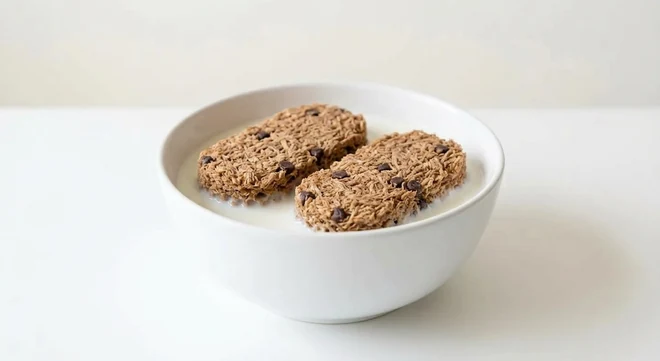 Asda Chocolate Wheat Bisks, two wholegrain wheat biscuits with chocolate chips in a white bowl with milk, nutrition and calories