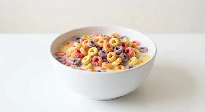 Asda Rainbow Hoops, multicoloured fruit flavour hoops in a white bowl with milk, nutrition and calories