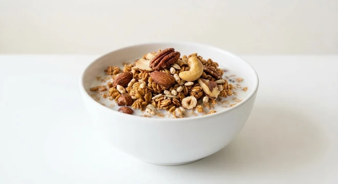 Asda Exceptional Mixed Nut Granola, golden oat granola with almonds, cashews, pecans, hazelnuts and brazil nuts in a white bowl with milk, nutrition and calories