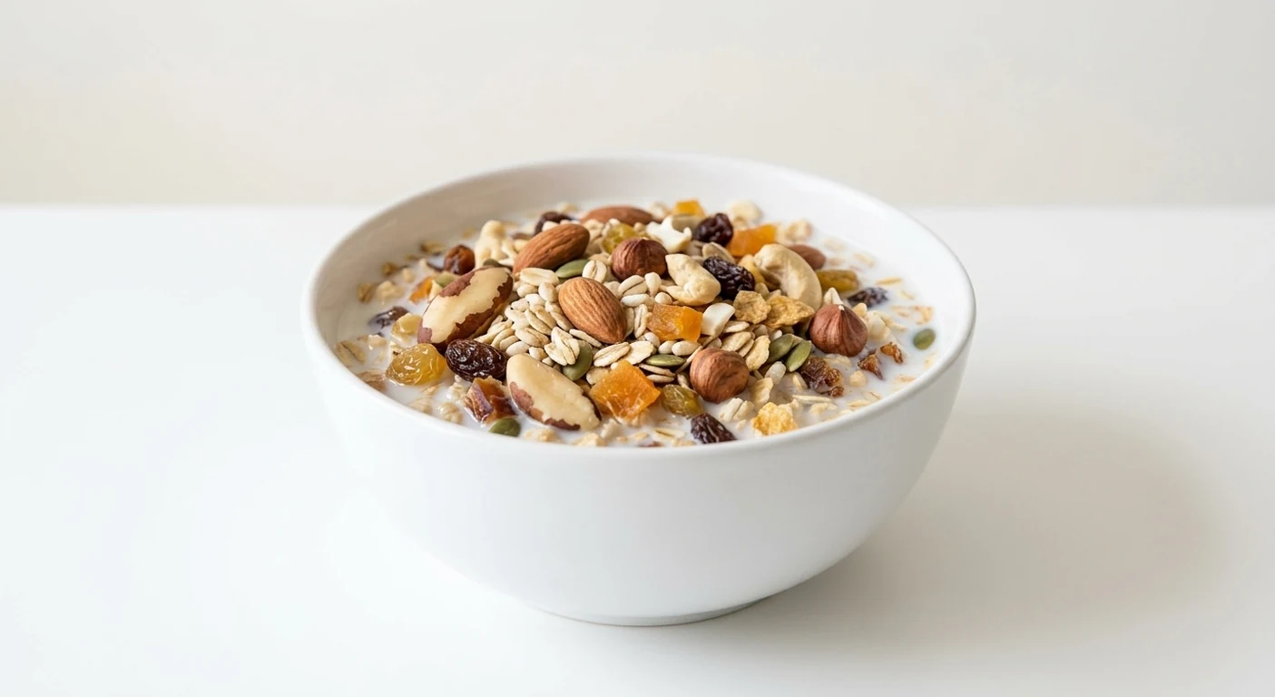 Asda Exceptional Mixed Nut Muesli, barley, wheat and oat flake muesli with mixed nuts, dates, raisins and apricots in a white bowl with milk, nutrition and calories