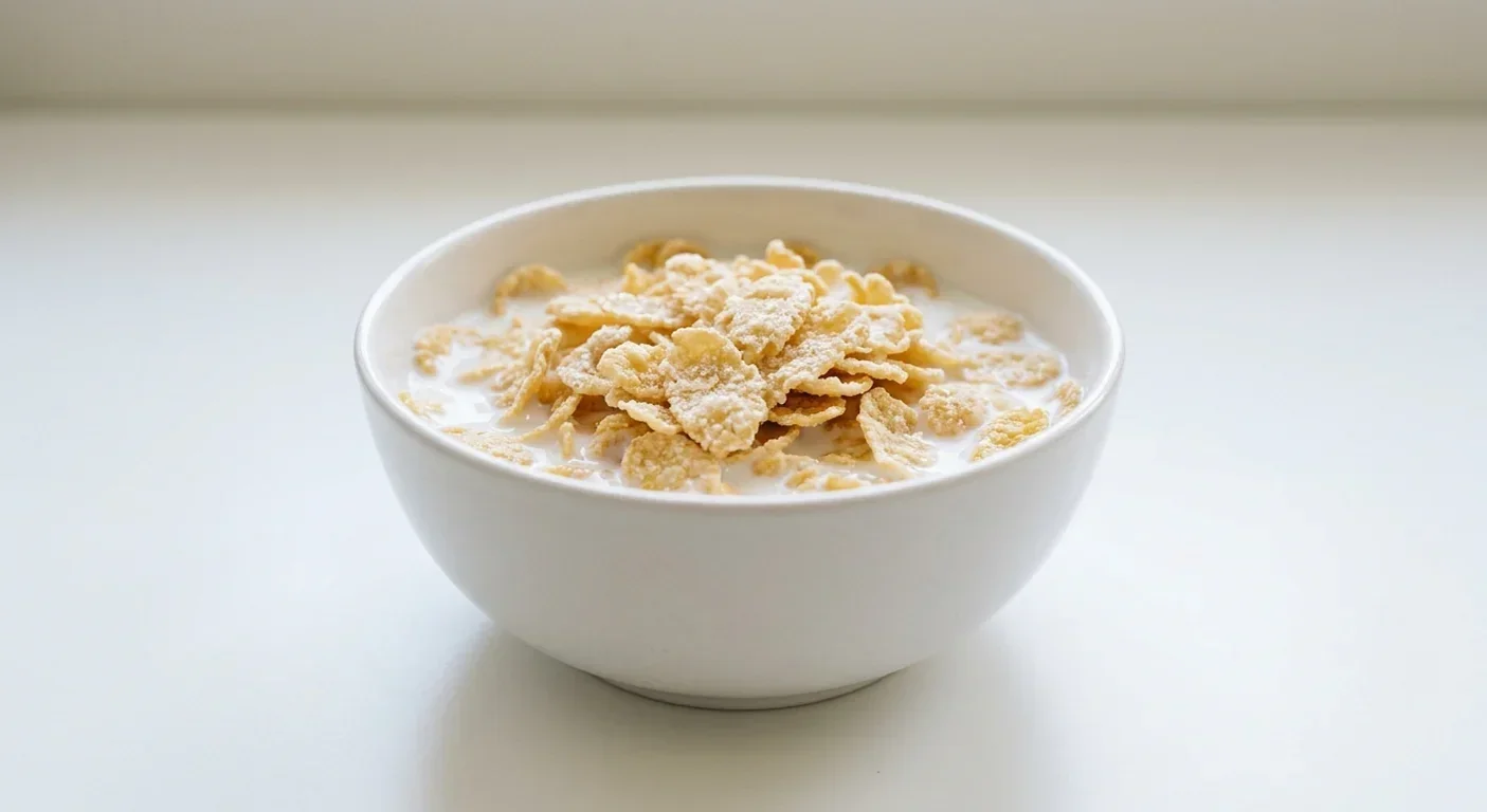 Morrisons Frosted Flakes, sugar-frosted corn flakes in a white bowl with milk, nutrition and calories