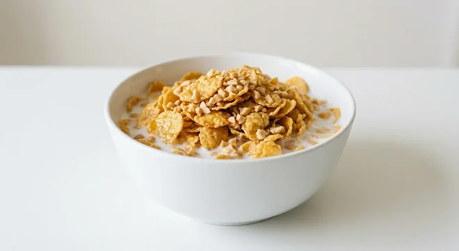 Morrisons Honey Nut Corn Flakes, honey-glazed corn flakes with chopped peanuts in a white bowl with milk, nutrition and calories