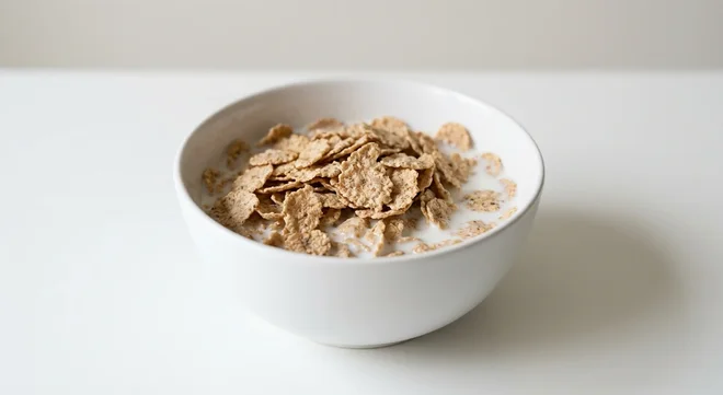 Morrisons Free From Special Flakes, gluten free rice and maize flakes in a white bowl with milk, nutrition and calories