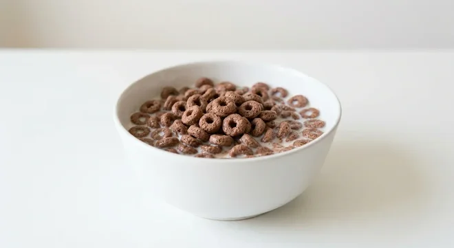 Morrisons Choco Hoops, cocoa hoops in a white bowl with milk, nutrition and calories