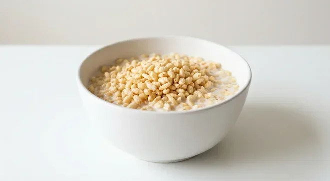 Morrisons Free From Rice Crackles, gluten free toasted puffed rice in a white bowl with milk, nutrition and calories