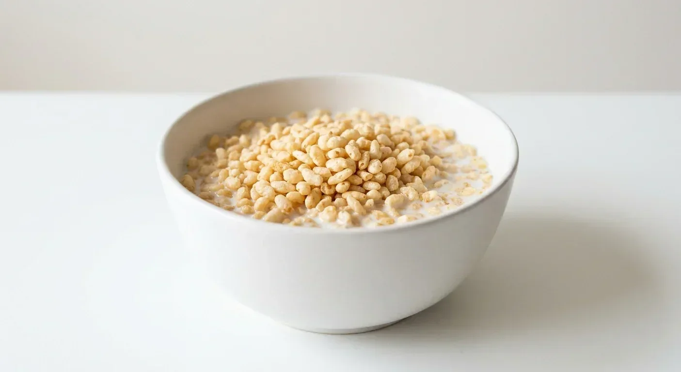 Morrisons Free From Rice Crackles, gluten free toasted puffed rice in a white bowl with milk, nutrition and calories