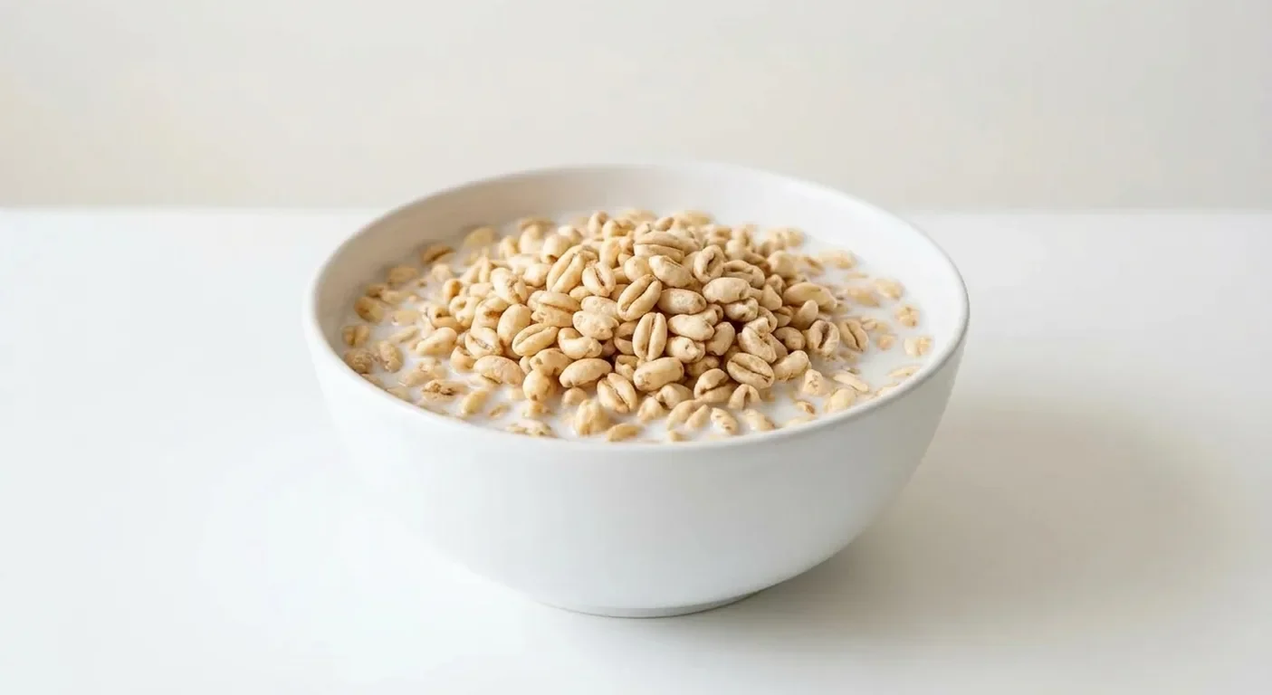 Morrisons Puffed Wheat, unsweetened puffed wheat in a white bowl with milk, nutrition and calories