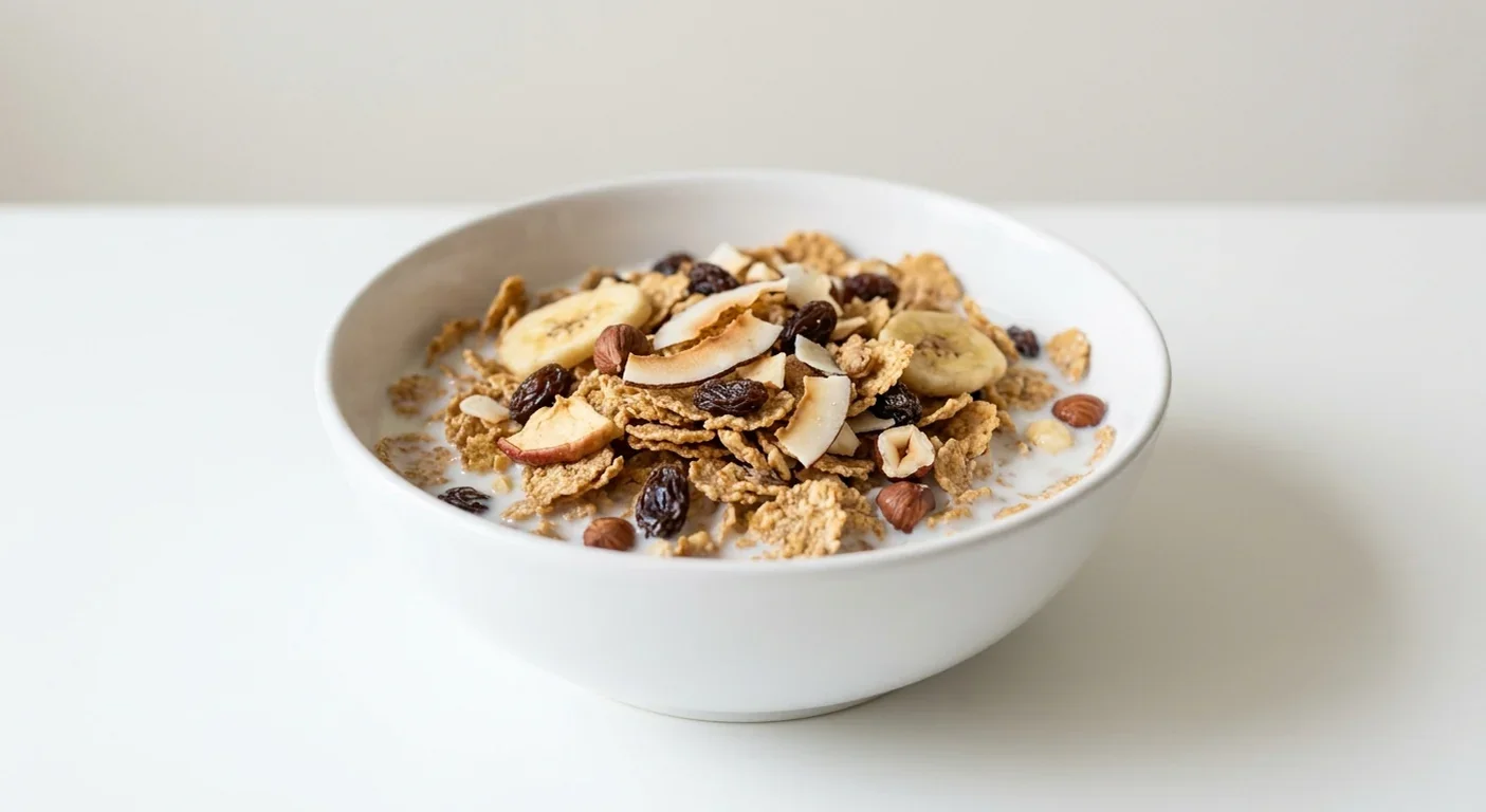 Morrisons Fruit & Fibre, wheat flakes with raisins, banana chips, coconut, apple and nuts in a white bowl with milk, nutrition and calories