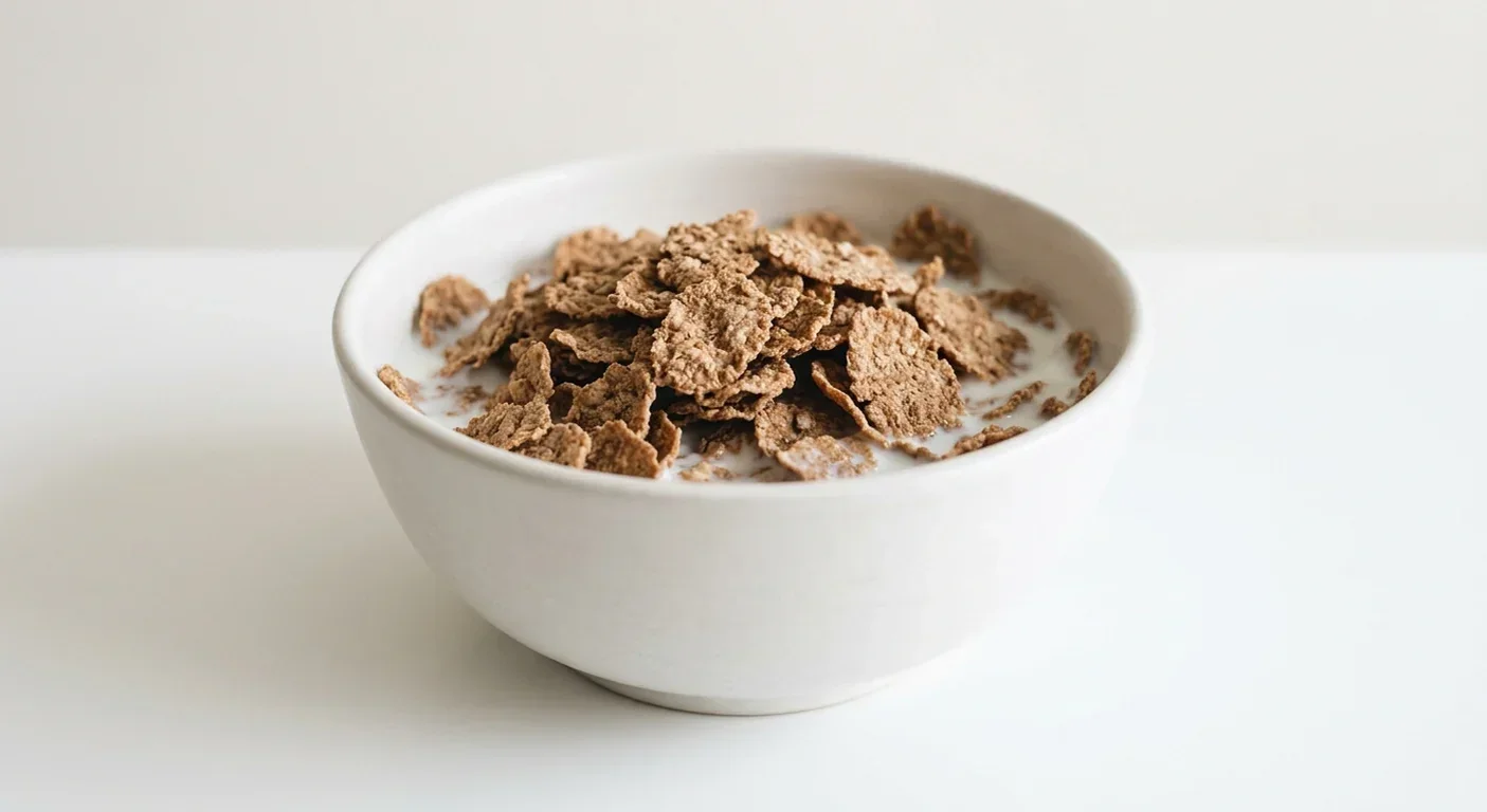 Morrisons Bran Flakes, wholegrain bran flakes in a white bowl with milk, nutrition and calories