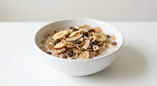 Morrisons Fruit & Fibre, wheat flakes with raisins, banana chips, coconut, apple and nuts in a white bowl with milk, nutrition and calories