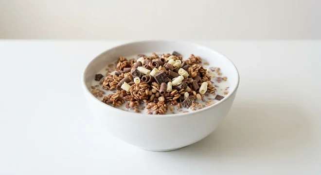 Morrisons Triple Chocolate Crisp, oat clusters with dark, white and milk chocolate in a white bowl with milk, nutrition and calories