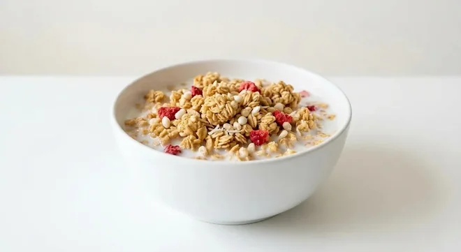 Morrisons Strawberry Crisp, oat clusters with rice crisps and freeze-dried strawberry in a white bowl with milk, nutrition and calories