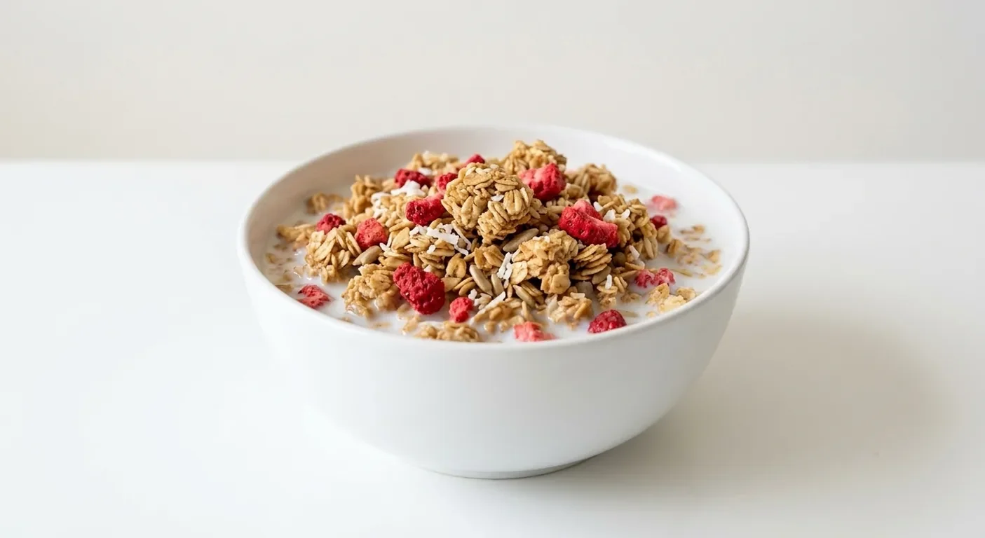 Morrisons Strawberry Granola, oat granola with freeze-dried strawberry, coconut and sunflower seeds in a white bowl with milk, nutrition and calories