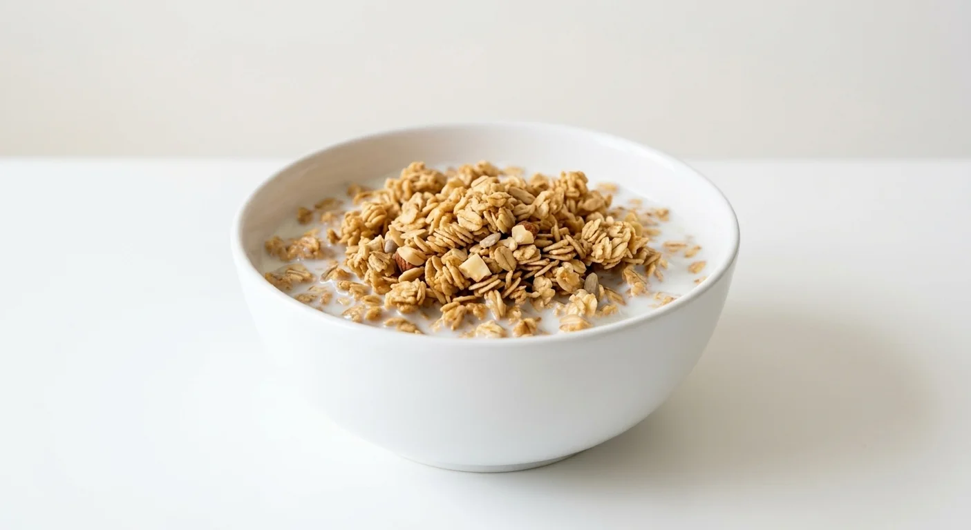 Morrisons Simply Granola, plain honey oat granola in a white bowl with milk, nutrition and calories
