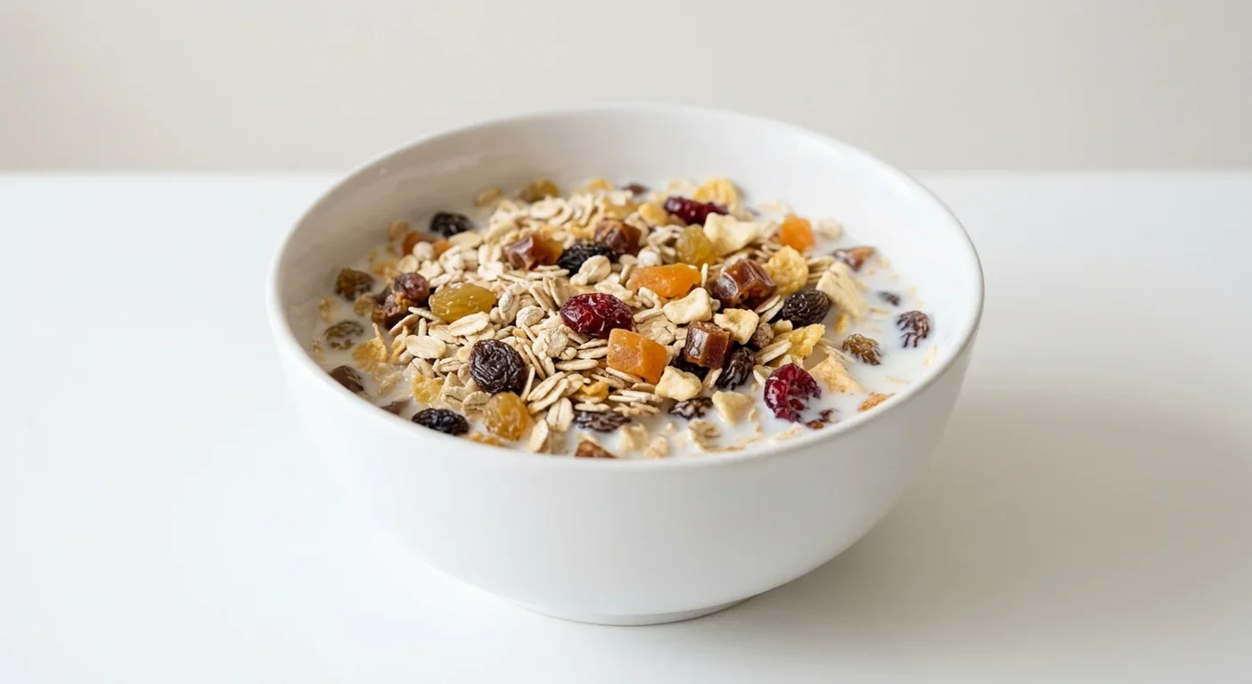 Morrisons Extra Fruity Muesli, oat and wheat flake muesli with sultanas, raisins, dates, apricot, cranberries and apple in a white bowl with milk, nutrition and calories