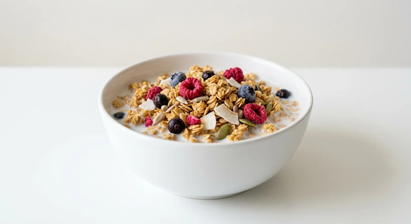 Morrisons Superberry Granola, oat granola with freeze-dried raspberries, blueberries and blackcurrants, coconut and seeds in a white bowl with milk, nutrition and calories