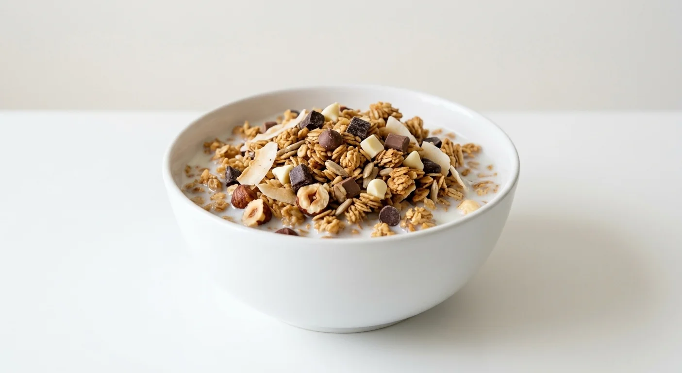 Morrisons Chocolate & Nut Granola, oat granola with coconut, hazelnuts, seeds and dark, white and milk chocolate in a white bowl with milk, nutrition and calories