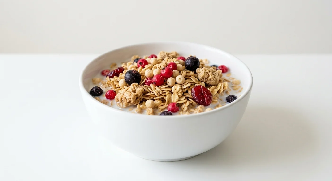 Morrisons Applied Nutrition High Protein Granola Berries, oat granola with protein crisps, freeze-dried berries and cranberries in a white bowl with milk, nutrition and calories
