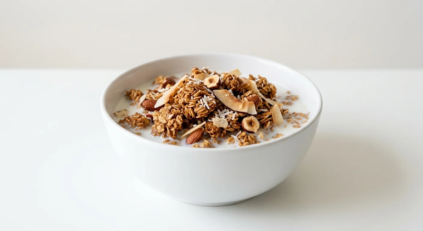 Morrisons Free From Honey & Nut Granola, gluten free honey oat granola with coconut, almonds and hazelnuts in a white bowl with milk, nutrition and calories