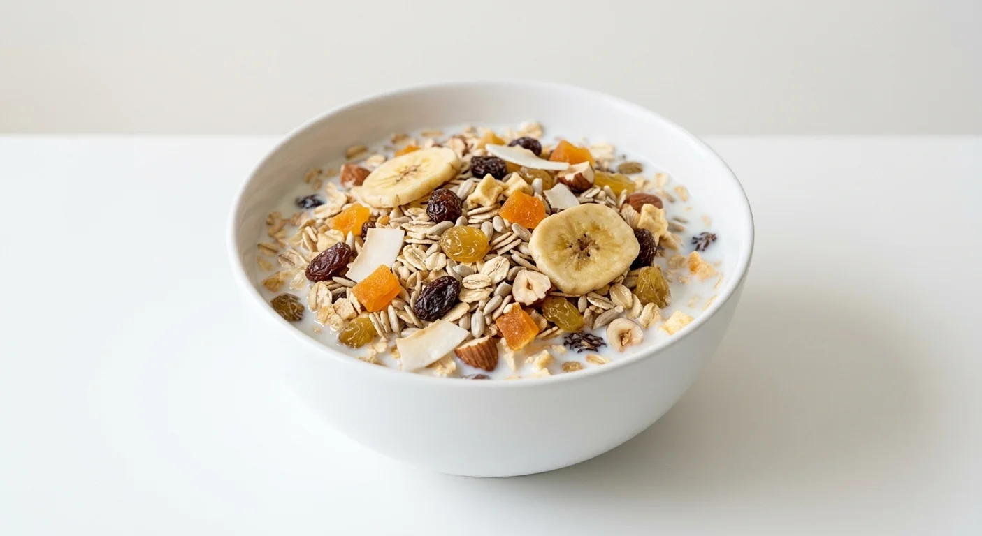 Morrisons Fruit & Nut Muesli, muesli with sultanas, raisins, apricot, banana chips, coconut, seeds, almonds and hazelnuts in a white bowl with milk, nutrition and calories