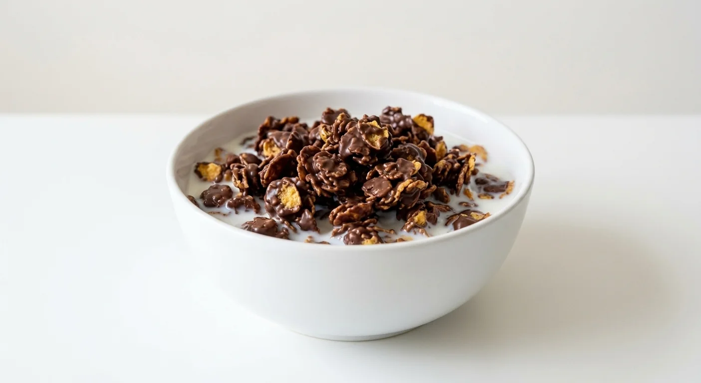 Morrisons Free From Dark Chocolate Clusters, cornflake clusters coated in dark chocolate in a white bowl with milk, nutrition and calories