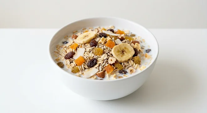 Morrisons Fruit & Nut Muesli, muesli with sultanas, raisins, apricot, banana chips, coconut, seeds, almonds and hazelnuts in a white bowl with milk, nutrition and calories