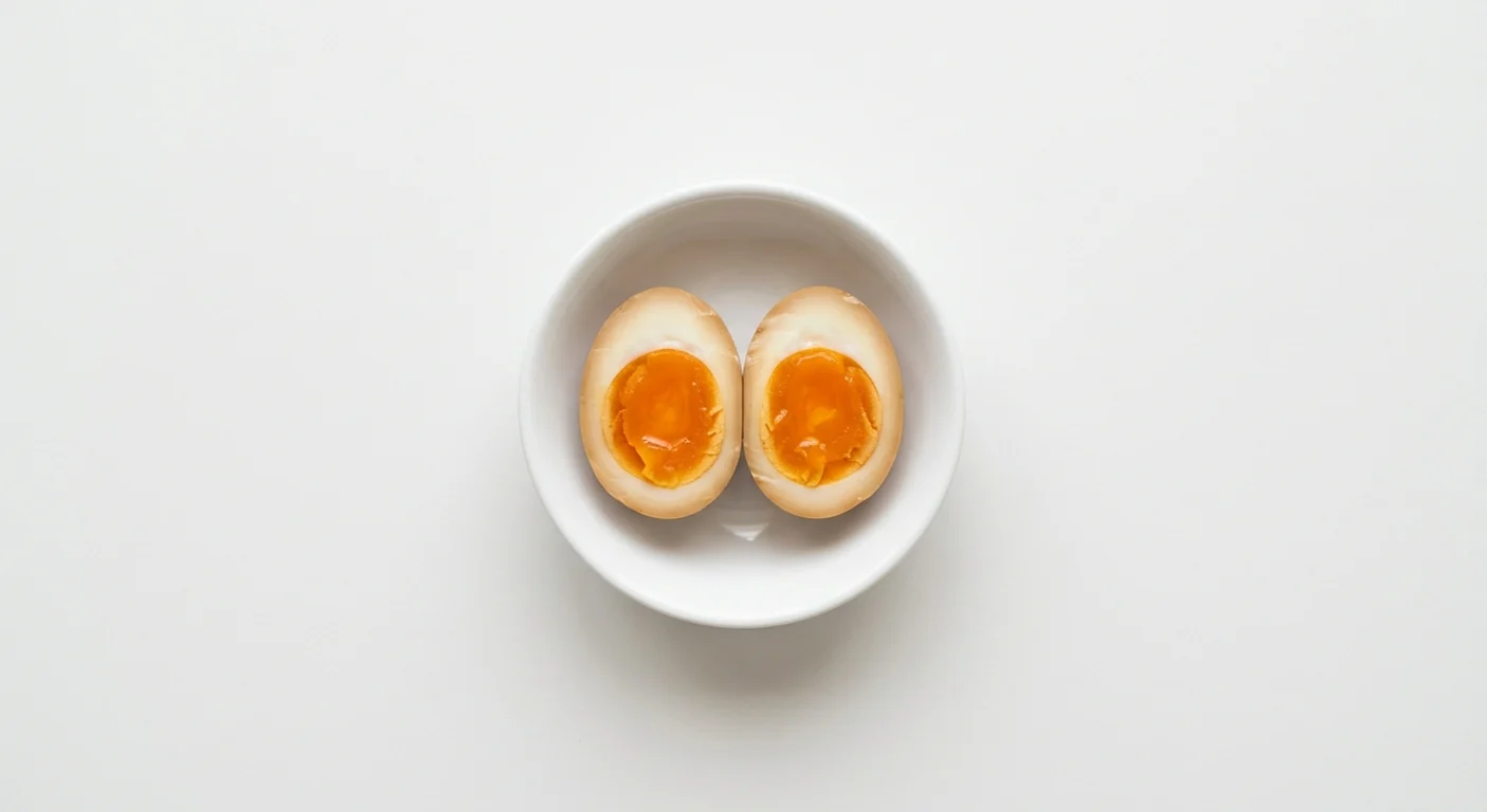 Wagamama Tea-Stained Egg, one soft-boiled tea-stained egg halved to show a jammy yolk in a white bowl, nutrition and calories