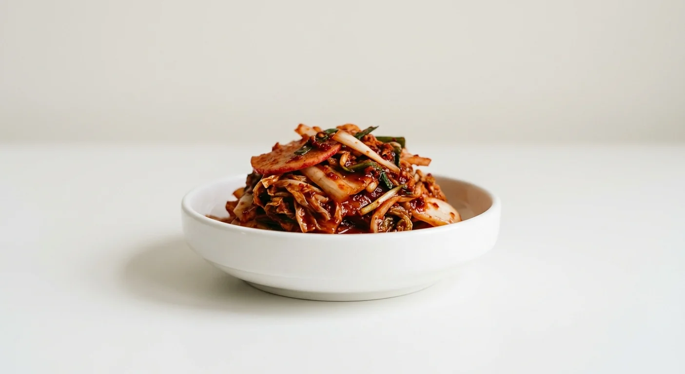 Wagamama Kimchee, a neat heap of red fermented cabbage kimchee in a white bowl, nutrition and calories