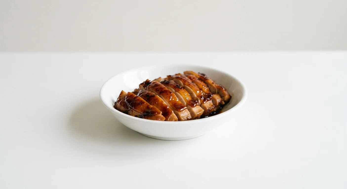 Wagamama Extra Teriyaki Chicken, sliced chicken thigh in a glossy teriyaki glaze in a white bowl, nutrition and calories