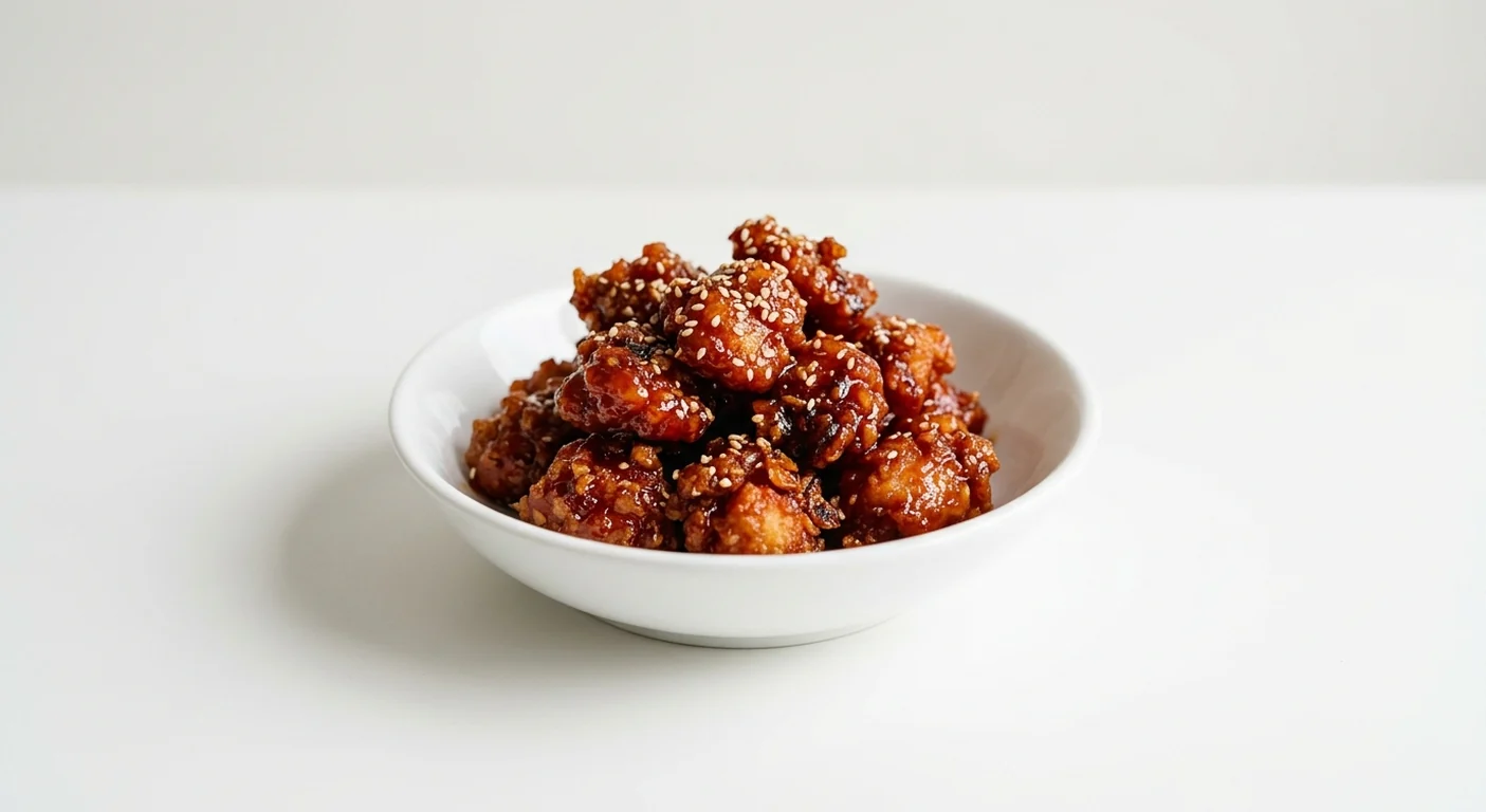 Wagamama Extra K-Pop Chicken, crispy fried chicken pieces in a sticky Korean-style glaze with sesame seeds in a white bowl, nutrition and calories