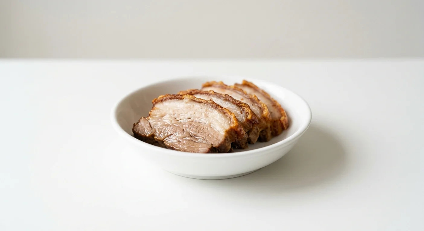 Wagamama Extra Pork, thick slices of roasted pork belly in a white bowl, nutrition and calories