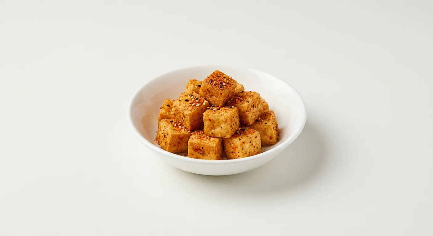 Wagamama Extra Shichimi Tofu, fried tofu cubes dusted with red shichimi spice in a white bowl, nutrition and calories