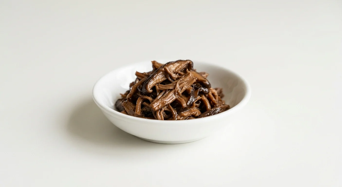 Wagamama Extra Pulled Shiitake, glossy dark pulled shiitake mushroom in a white bowl, nutrition and calories