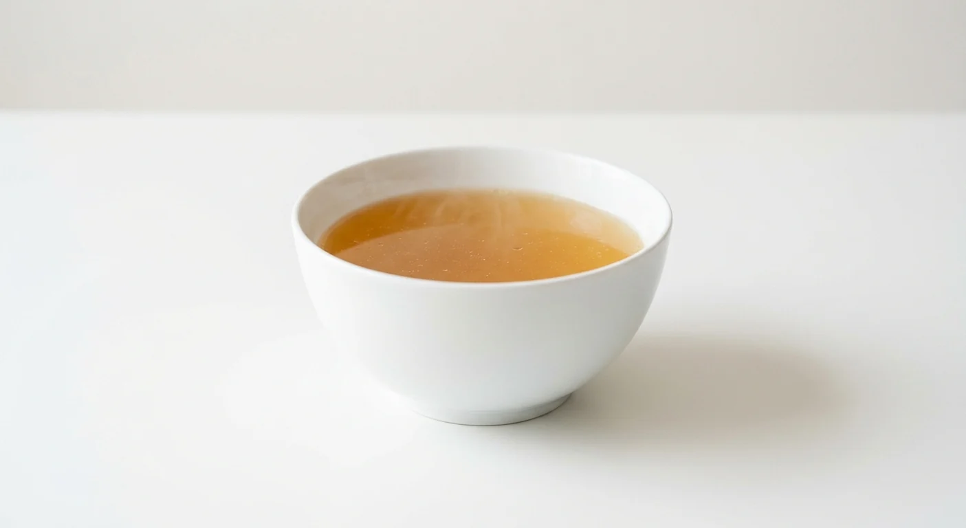 Wagamama Vegetable Stock Ramen Broth, a clear light amber vegetable ramen broth in a white bowl, nutrition and calories