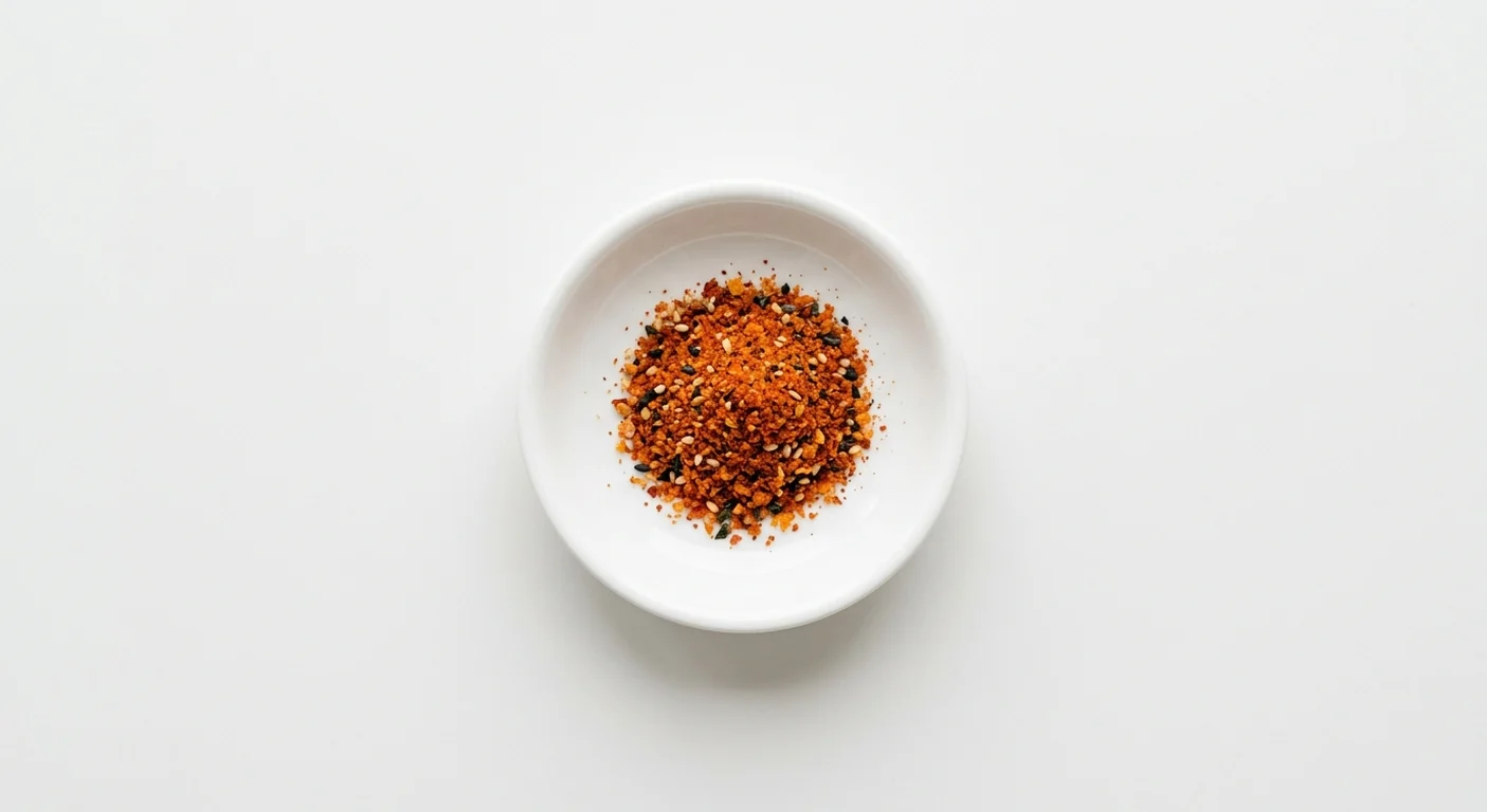 Wagamama Shichimi, coarse red-orange shichimi seven-spice in a white dipping dish, nutrition and calories