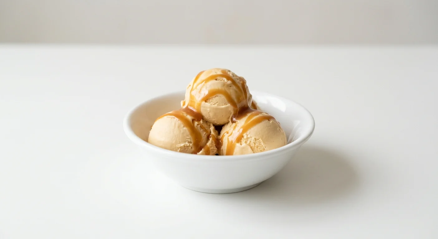 Wagamama Miso Caramel Ice Cream, three scoops of miso caramel ice cream with toffee sauce in a white bowl, nutrition and calories