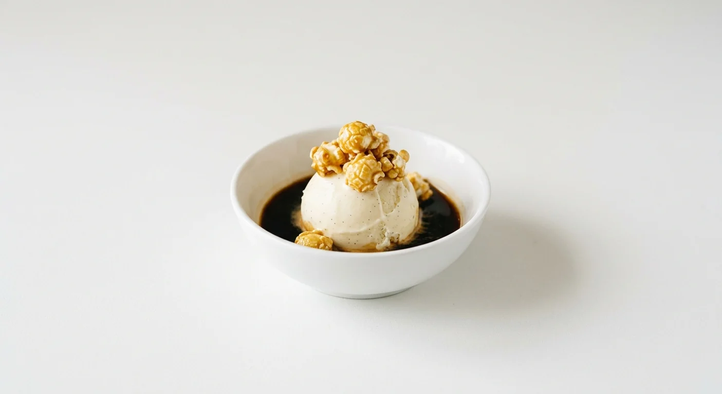 Wagamama Popcorn Affogato, a scoop of ice cream with espresso poured over and caramel popcorn in a white bowl, nutrition and calories