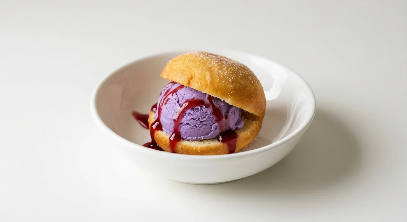 Wagamama Ube and Cherry Bao Nut, a golden fried bao doughnut filled with purple ube ice cream and cherry sauce in a white bowl, nutrition and calories