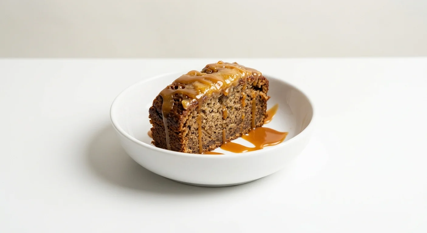 Wagamama Miso Caramel Banana Bread, a slice of banana bread with toffee topping and toffee sauce in a white bowl, nutrition and calories