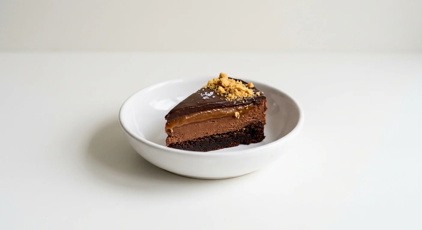 Wagamama Smoked Chocolate Caramel Cake, a layered slice of smoked chocolate mousse cake with salted caramel, ganache and biscuit crumbs in a white bowl, nutrition and calories