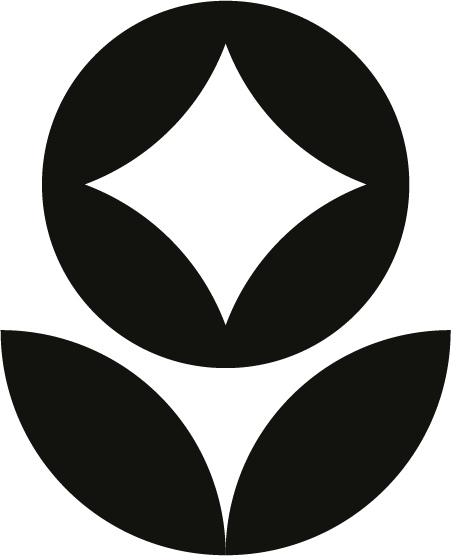 Abstract black flower icon with a circular center and two leaves below.