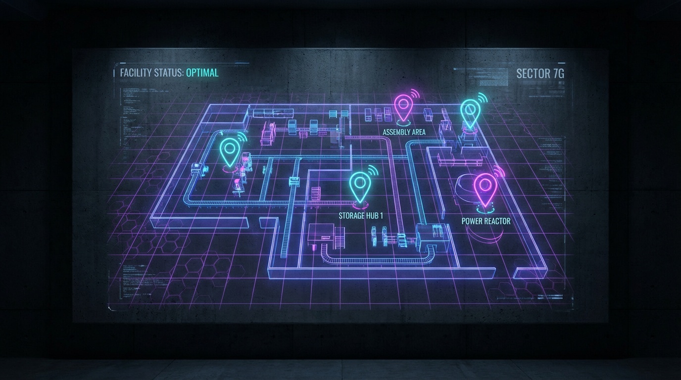 Facility floor plan map with zone management and asset location overlays
