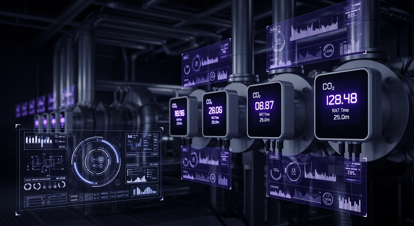 Environmental sensors monitoring temperature, humidity, pressure and CO2 in a facility
