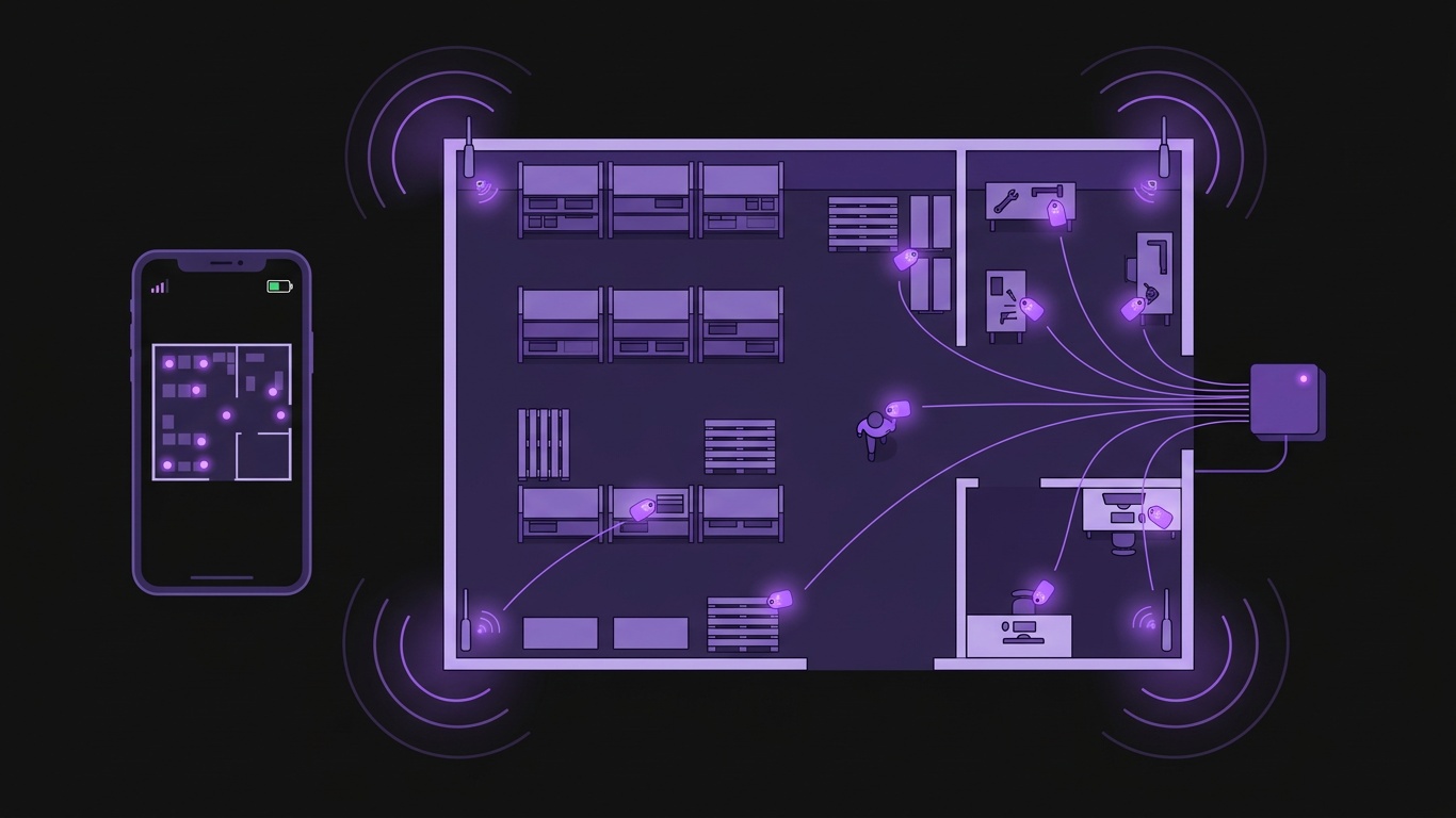RTLS indoor asset tracking: floor plan with tagged assets, antennas and a live map on a phone