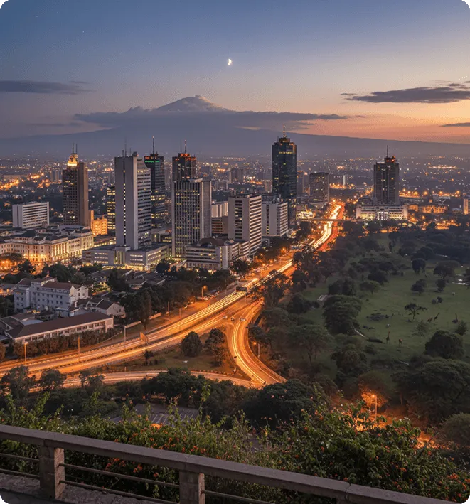 Night cityscape with illuminated roads leading through high-rise buildings and a mountain in the background under a crescent moon.