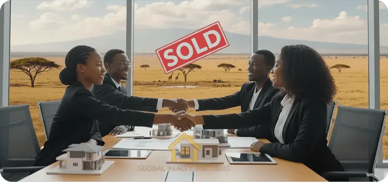 Two business couples shaking hands across a table in a modern office with a savanna landscape outside and a red SOLD sign overlay.