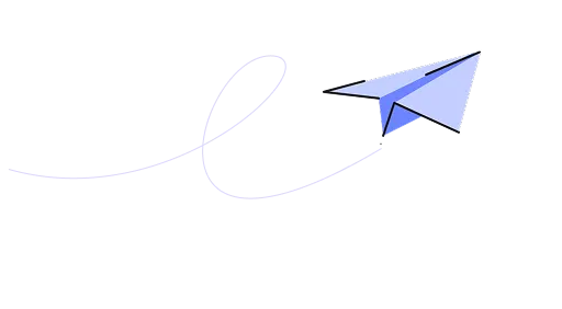 purple paper airplane flying with a dashed flight path looping behind it.