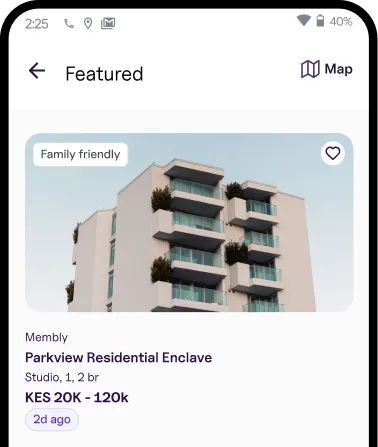 Mobile app screen showing a featured property listing for Parkview Residential Enclave, a family-friendly studio and 1 to 2 bedroom apartments priced between KES 20K and 120K.